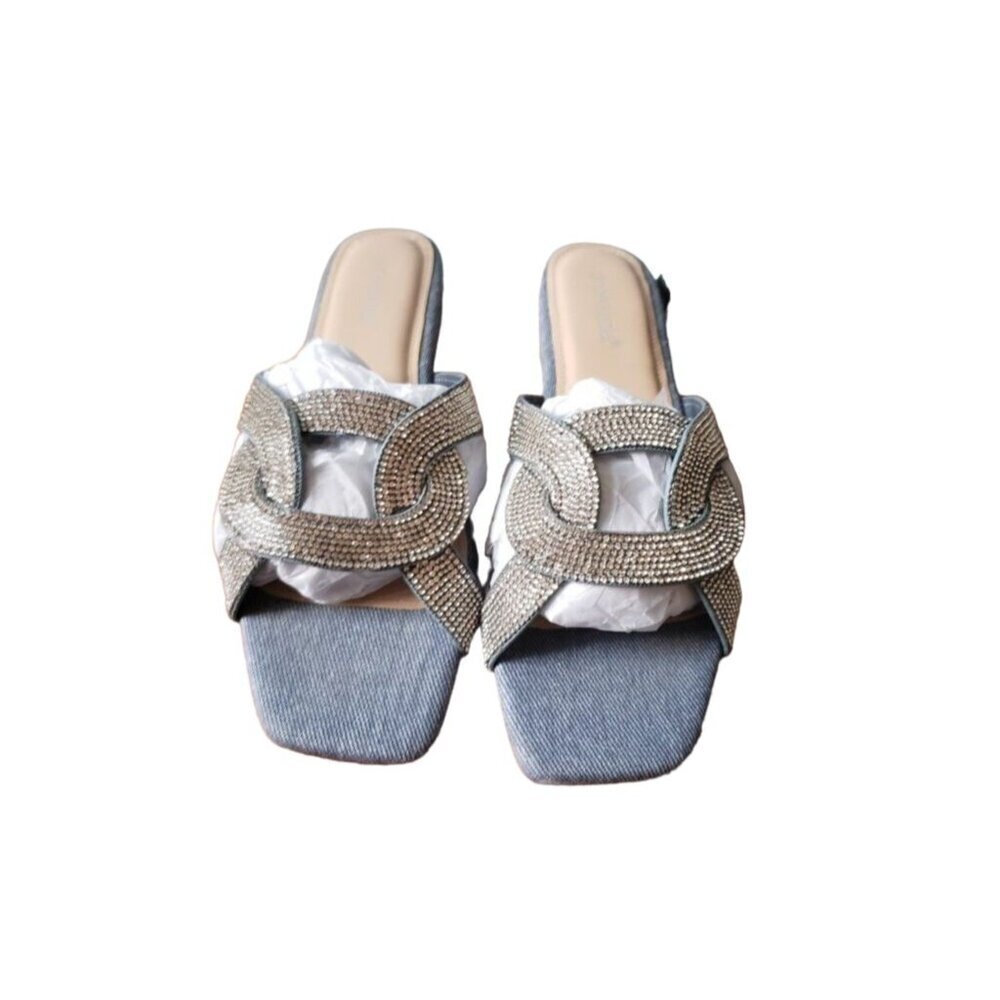 Shoe Dazzle Blue Denim Rhinestone Embellished Slide Mules size 6